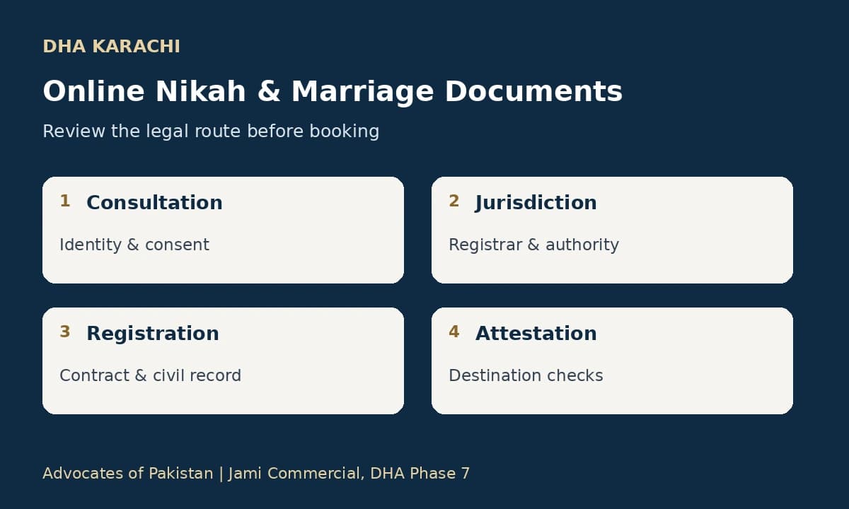 DHA Karachi Online Nikah Document Review DHA Karachi online Nikah workflow from consultation and jurisdiction review to registration and attestation checks