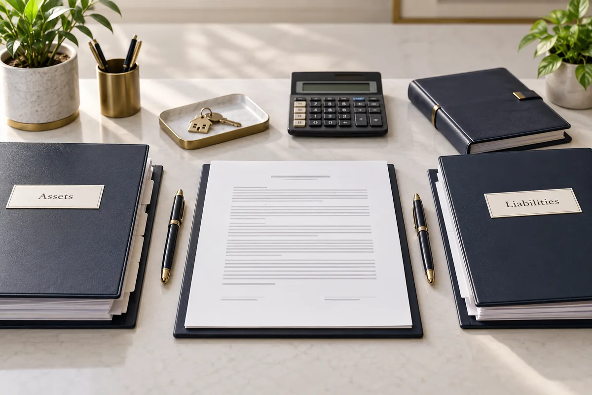 Prenuptial Agreement Planning — Assets and Liabilities Asset and liability folders beside an unsigned agreement, calculator and house key on a consultation desk