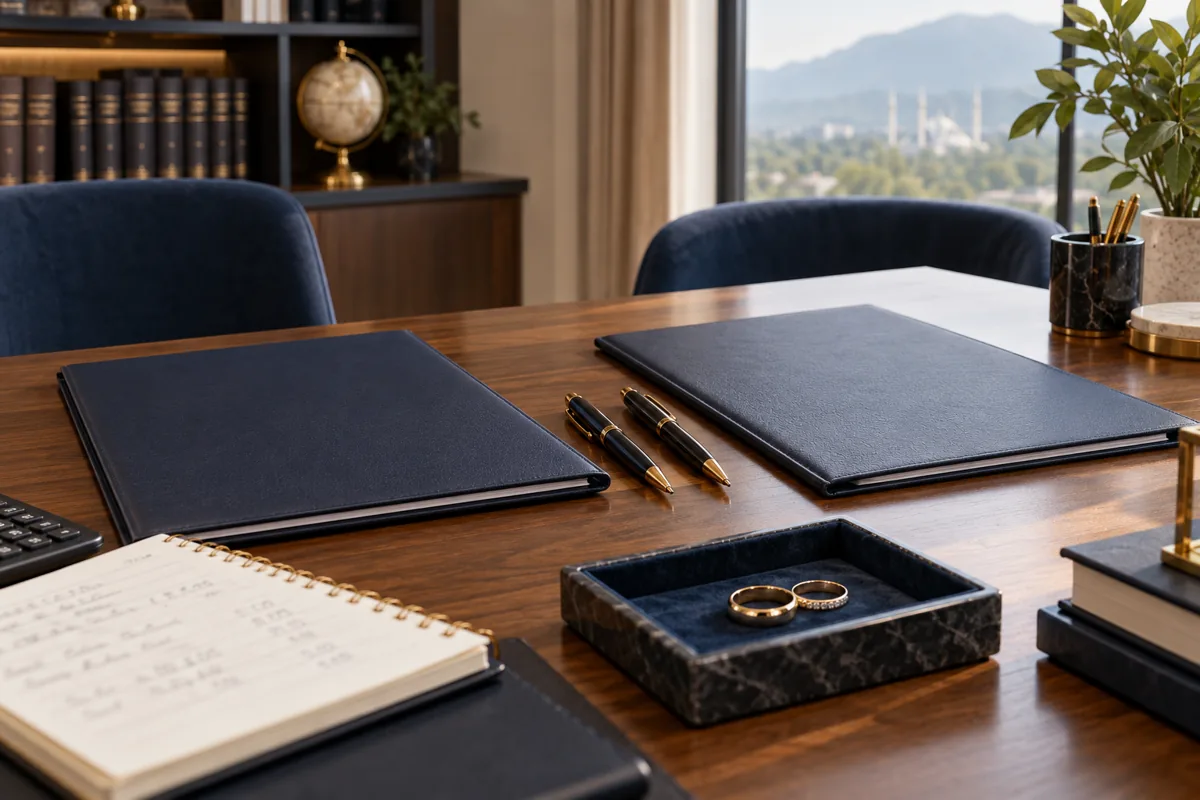 Prenuptial Agreements in Pakistan — Financial Disclosure and Drafting Two agreement folders, pens and financial notes for prenuptial agreement planning in Pakistan